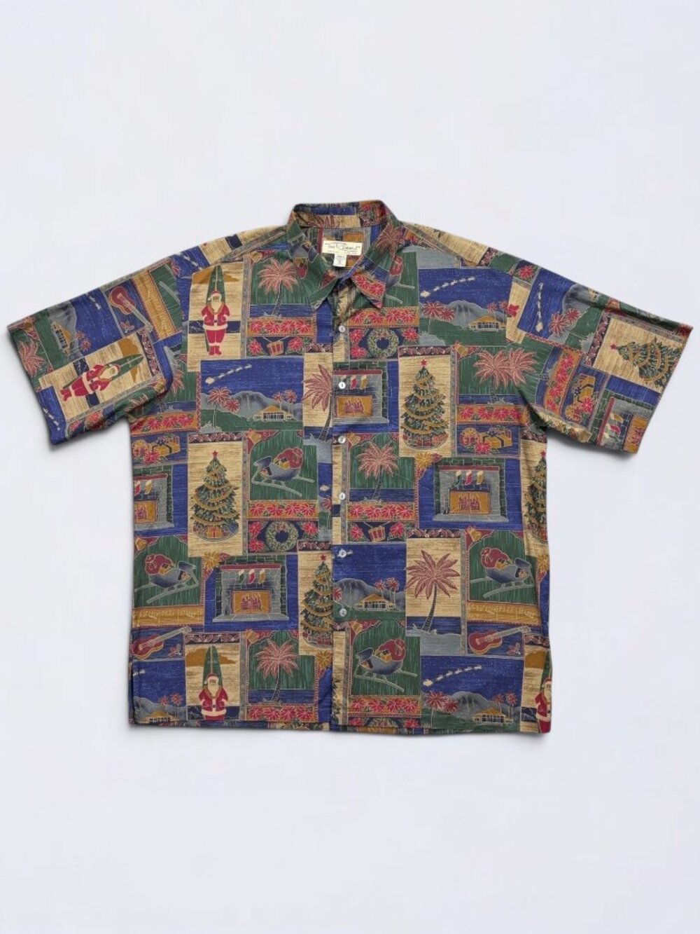 Tori Richard Christmas Shirt Mens XL Blue Green Mele Kalikimaka Cotton Lawn USA